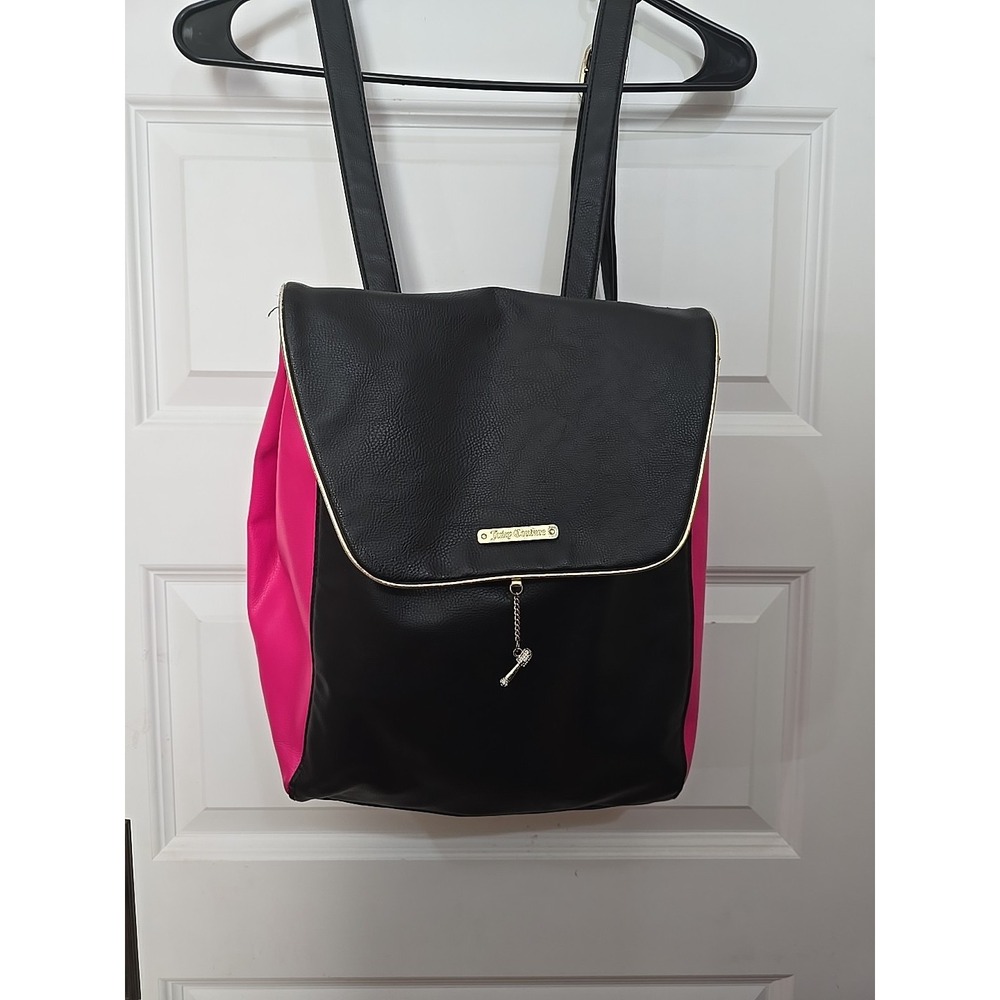 Juicy Couture Backpack Black Pink Bag Expandable Purse Handbag Gold Trim